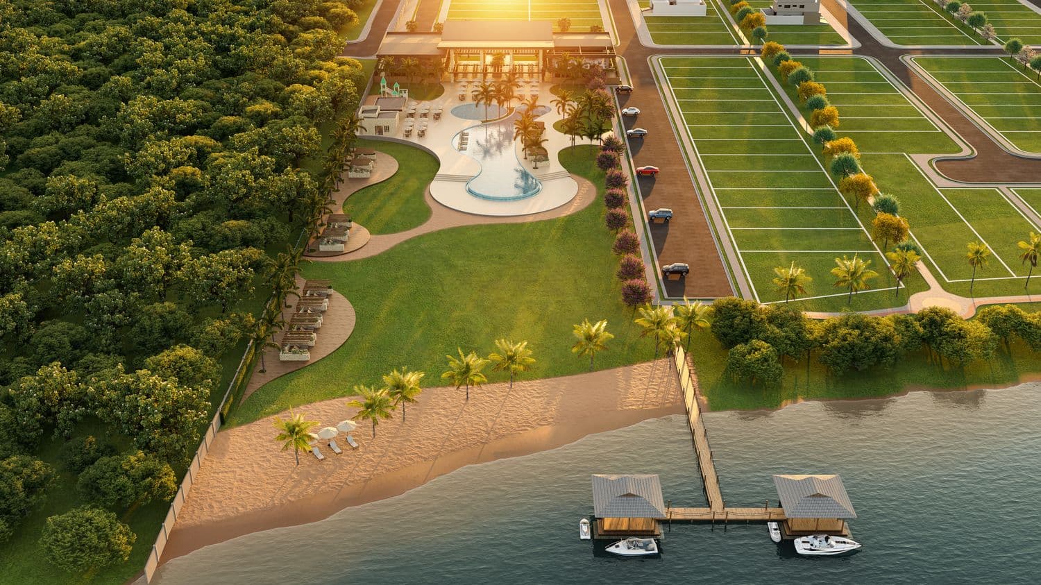 Render da portaria e área do clube do Lake Village
