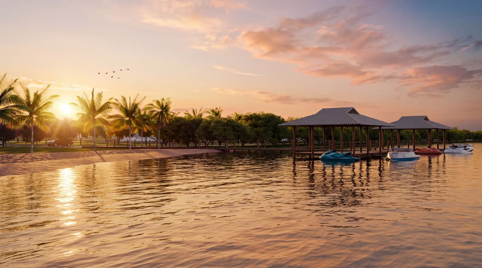 Render da área de praia e piscina do clube do Lake Village